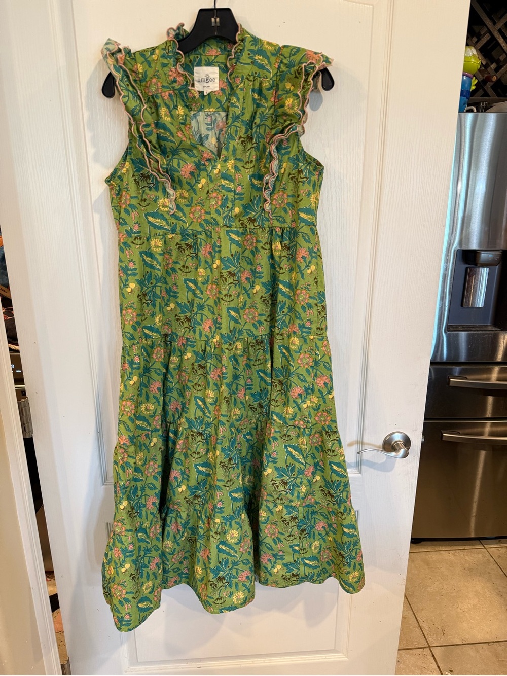 Umgee green Floral Garden Print Silky Cotton Tiered flutter Midi Dress small - Picture 2 of 8